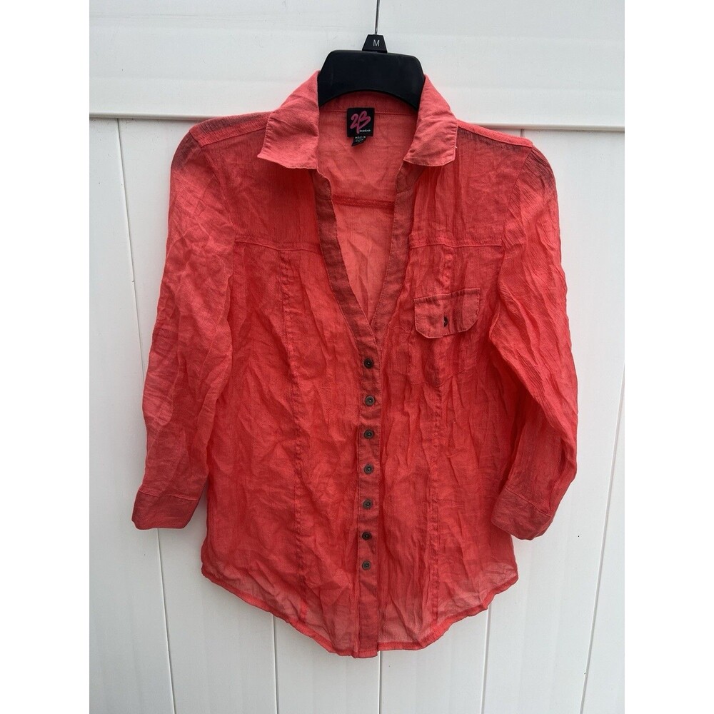 2b BeBe Womens Top Button Up Pink Sheer 3/4 Sleeve Sz Medium
